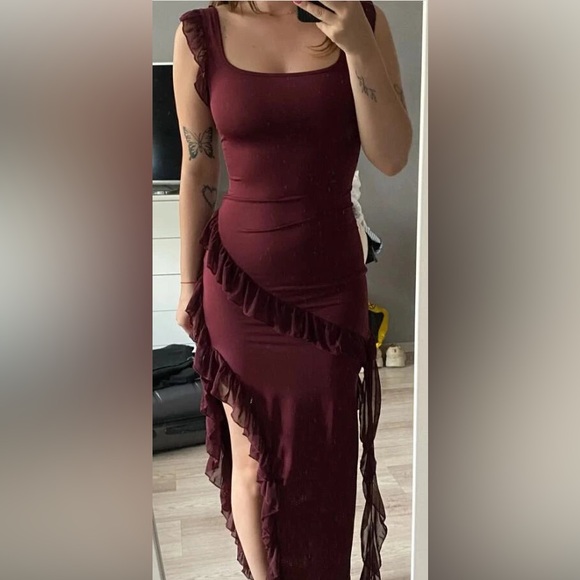 Elegant wine color fun fairy pirate ruffles dress comfy stretchy woman size m - Picture 7 of 17